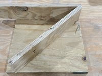 2022-03-21 14.02.10  Suggested tool: Use a jig something like this to make miter cuts sharper than 45 Degrees.  I made this out of scrap lumber.  It clamps on to my miter saw.